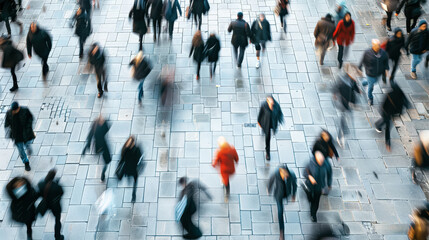 Obraz premium A blurry image of a crowded city street with people walking and standing. Scene is busy and bustling, with people going about their daily lives