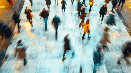 Obraz premium A blurry image of a crowded city street with people walking and standing. Scene is busy and bustling, with people going about their daily lives