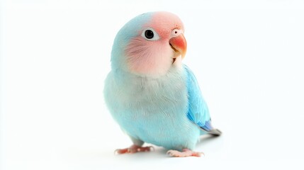 A blue and pink lovebird perched on a white background, looking to the side.