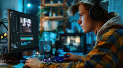 A young adult editing a video on a computer in a creative studio