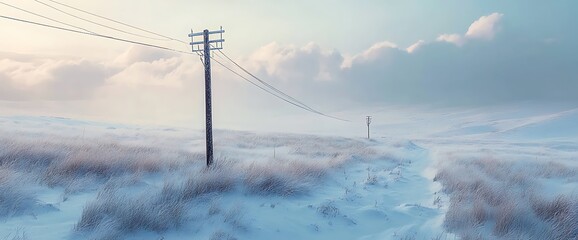 Fototapeta premium Lone Utility Pole in Snowy Field Under Hazy Sky – Winter Landscape