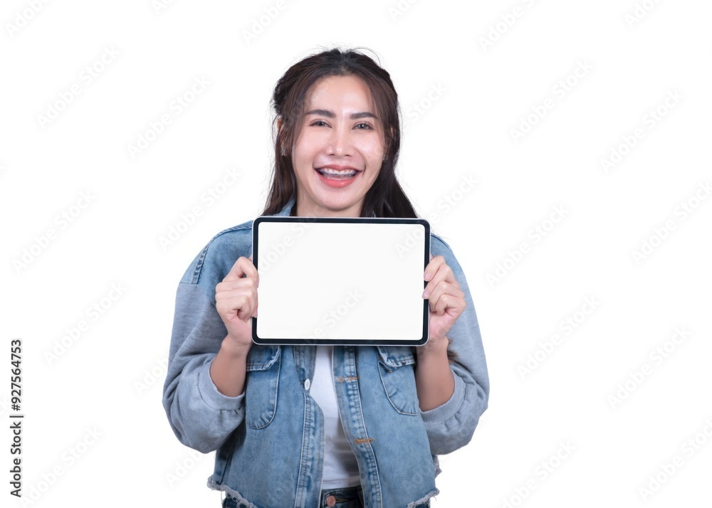 Poster A woman is holding a tablet with a white screen