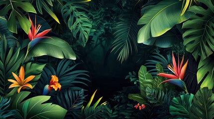 Fototapeta premium a banner featuring the lush greens and exotic floral of the Amazon Rainforest. a Brazil-Themed Banner Design. 