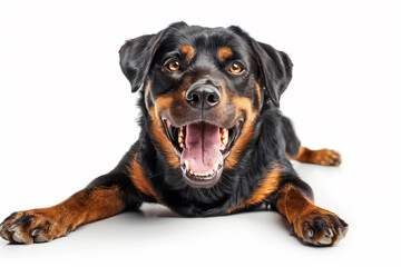 Fototapeta premium Happy Black And Tan Dog Portrait Against White Background