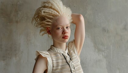 Fototapeta premium Fashionable albino model with ethereal features, captured in an elegant and artistic pose.