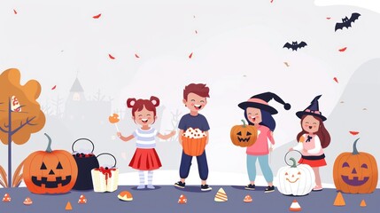 A cheerful trick-or-treating scene with children laughing and collecting candy.