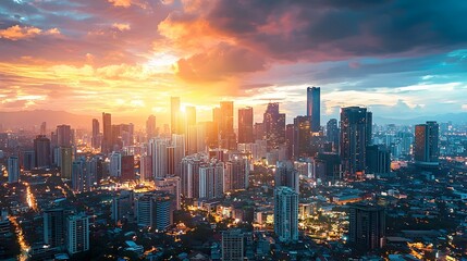 Fototapeta premium Vibrant Cityscape at Dusk,Symbol of Economic Growth and Opportunity
