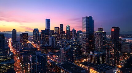 Fototapeta premium Vibrant High-Rise Cityscape at Dusk,Symbol of Economic Growth and Opportunity