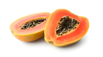 68. "A detailed image of a fresh papaya sliced open to reveal its vibrant orange flesh, isolated on a white background