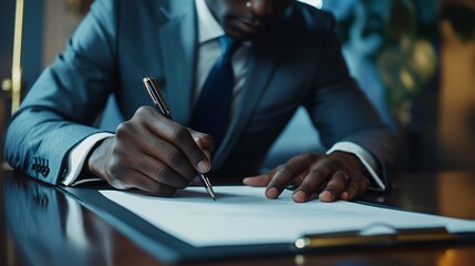 Horizontal closeup image black businessman sitting at desk signing contract.