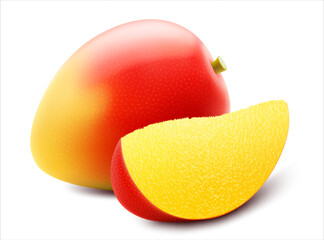 Fresh mango tropical fruit. Whole and slice exotic mango fruit isolated on transparent background. Summer tropical vitamin food. Realistic 3d vector illustration