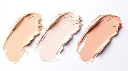 Three swatches of foundation makeup in varying shades spread out on a white surface, showcasing different skin tone options for cosmetic use.