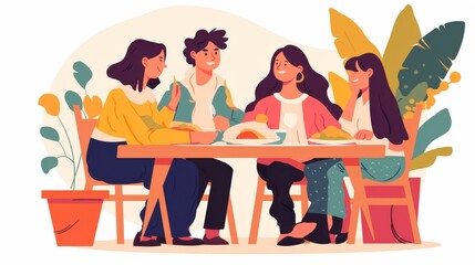 Four friends are sitting at a table eating and talking.