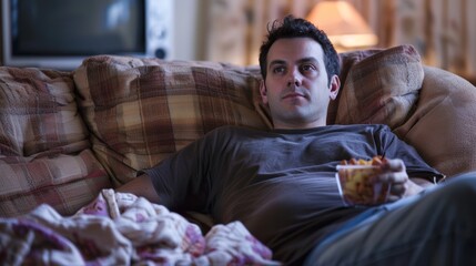 Fototapeta premium A young adult relaxing on a couch watching TV with a snack