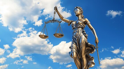Fototapeta premium Legal law concept statue of lady justice with scales of justice sky background.