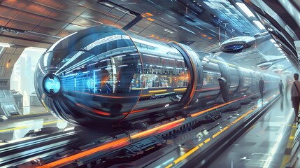 Obraz premium Futuristic train with glowing windows and an orange track in a futuristic subway.