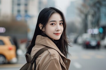 Smiling Asian Woman in Beige Coat