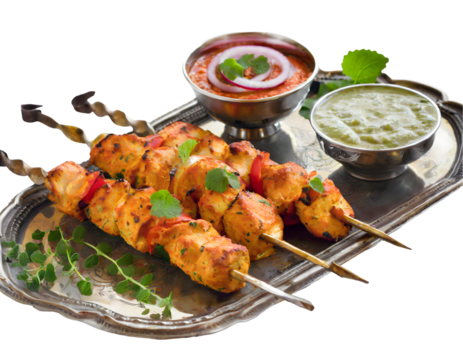 chicken tikka kebabs with chutney on a tray isolated on white background. Generative AI.