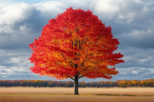 A lone tree with red leaves in wide open space 