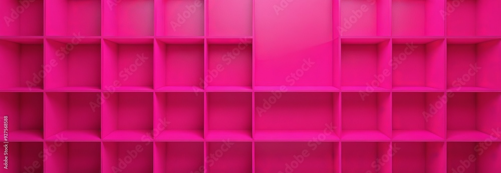 Poster pink shelves background,a grid of pink cubes, each with a uniform, uniform color, arranged in a patt