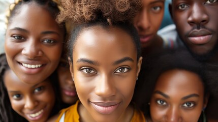 Obraz premium A close-up portrait of a group of happy young Black friends smiling together, showcasing diverse hairstyles and warm expressions.