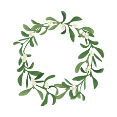 Wreath of sprig mistletoe with berries. Vector craft christmas decoration of mistletoe garland isolated on white background. Design frame element for print, card, flyer, banner