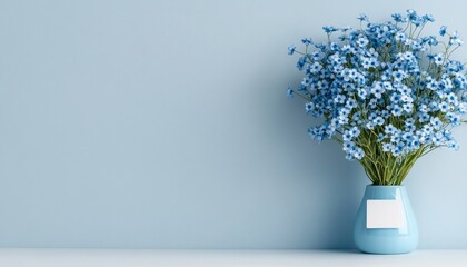 Obraz premium Blue flowers in a vase against a light blue wall on a sunny day