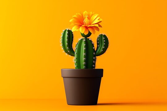 A potted cactus with a single orange flower blooms against a vibrant yellow background.