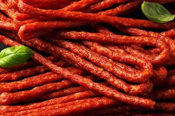 Tasty kabanos pork and herbs sausages on rustic stone board