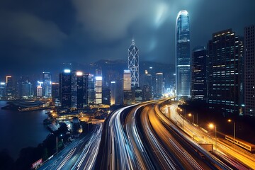 Obraz premium Hong Kong City Skyline at Night with Light Trails