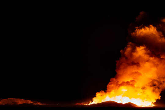 Volcanic eruption by nighttime in Iceland on March 2024