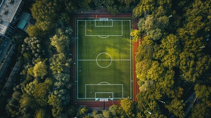 Obraz premium realistic photograph of a zenith view from above a football field, that looks super alive, clean and green like the football courts of a stadium