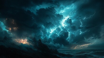 Dramatic Thunderstorm on Hilltop with Lightning Strikes and Copy Space