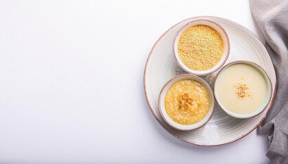 Creamy rice pudding in bowls. dry millet porridge on plate. white background with copy space.  