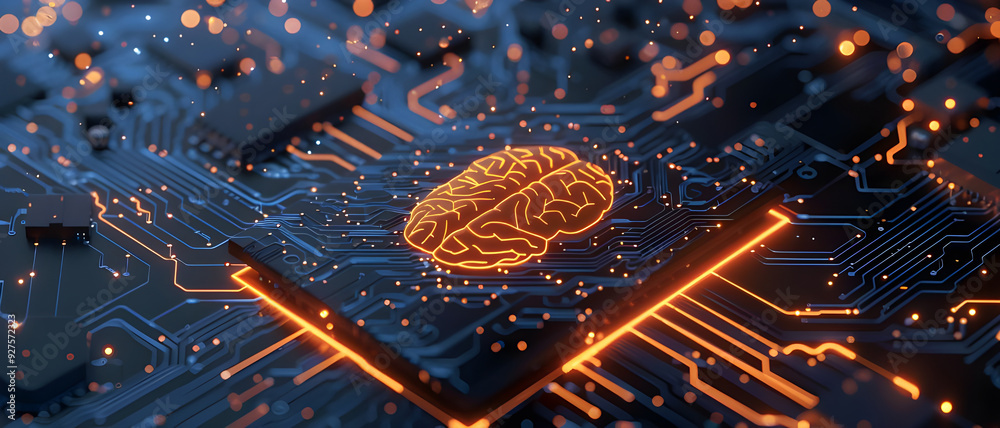 Aufkleber A close-up of a circuit board with a glowing brain symbol, symbolizing the integration of artificial intelligence and advanced computing technology.
