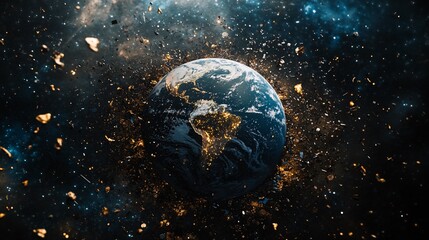 Obraz premium Space Debris Over Earth: A High-angle View of Orbiting Satellites and Cluttered Space Junk with Copy Space Below
