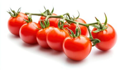 A fresh vine of ripe red cherry tomatoes isolated on a white background, showcasing their vibrant color and healthy, unblemished appearance.