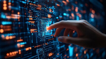 Fototapeta premium Digital Technology Concept: Neural Network Diagram on Computer Screen with Binary Code and Interactive Hand, Copy Space Above