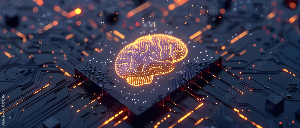 Fototapete A close-up of a microchip circuit board featuring a glowing brain symbol, representing artificial intelligence, advanced computing, and technological innovation.