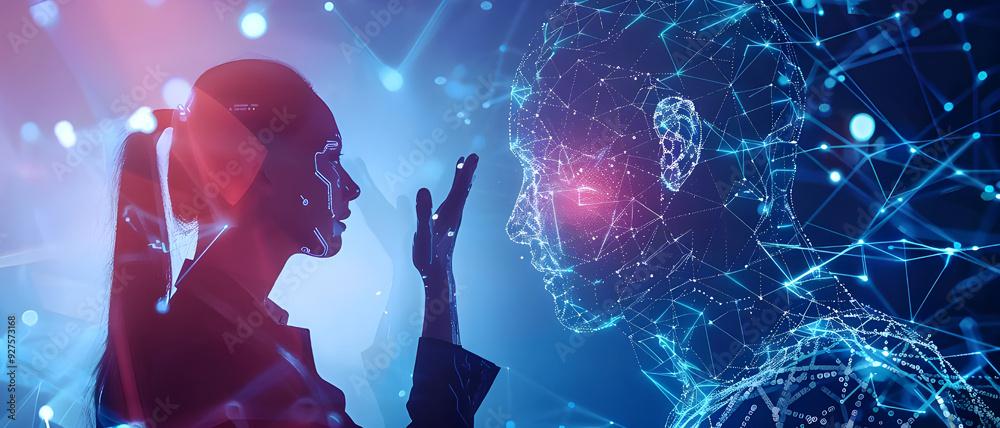 Poster a human interacts with a glowing digital ai avatar, symbolizing the merging of human intelligence an