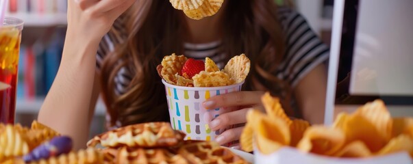 Fototapeta premium Young girl working on a computer while indulging in a variety of unhealthy snacks and fast food.