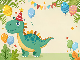 Birthday card with a cute green dinosaur in a cap and balloons with space for text