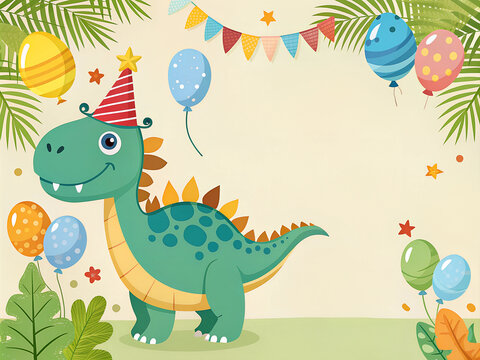 Fototapeta Birthday card with a cute green dinosaur in a cap and balloons with space for text