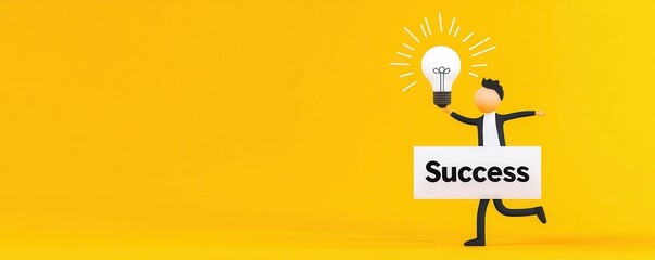 Fototapeta premium A joyful character holding a light bulb and a sign that says 'Success', representing achievement and inspiration against a bright backdrop.