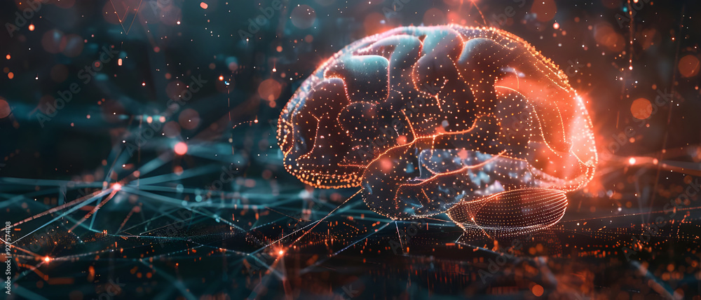 Poster Abstract digital representation of a brain surrounded by neural networks and data points, symbolizing artificial intelligence and neural computing.