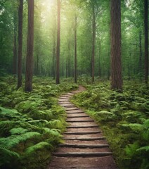 Obraz premium path through forest with green ferns