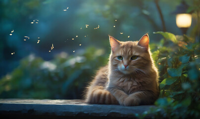 Realistic scene: cat relaxing in garden with soothing music.