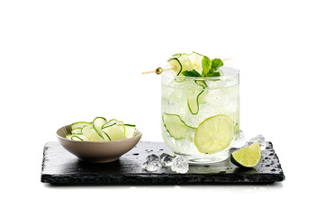Cucumber margarita with lime and fresh mint, refreshing  cocktail isolated on white background