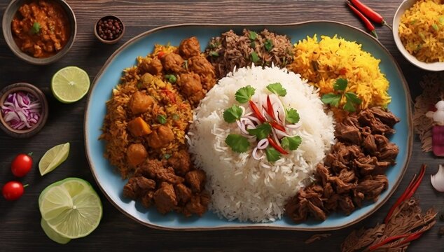 Asian Asia India Indian Arab food fry rice curry logo sign icon art menu tasty lunch lamb beef meat meal nasi plate dish party Islam eid iftar fasting middle east south grain spicy spice top view

