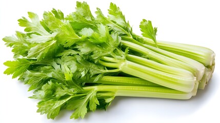 48. "A vibrant image of a bunch of fresh celery stalks isolated on a clean white background, highlighting their vitamins and minerals